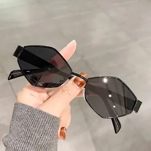 Fashionable black hexagonal geometric sunglasses with dark grey polarized lenses for women