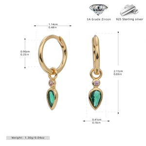 Detailed view of S925 silver gold drop earrings with green zircon and pink crystals