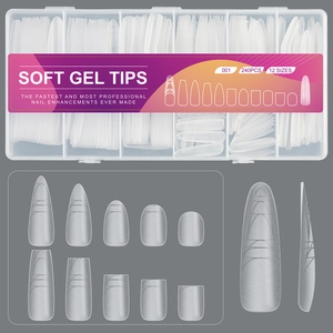 Detailed infographic of 240pcs soft gel nail tips set with 12 sizes in a storage box