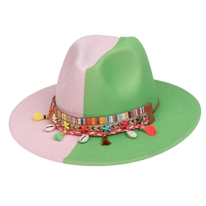 Two-tone pink and green wool fedora hat with bohemian seashell and tassel band