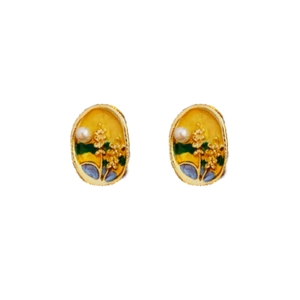 Vintage gold oval stud earrings with yellow enamel flower and pearl detailing