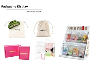 Detailed packaging display including acetate hair clips, fabric pouches, and pink boxes
