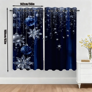 Detail of blue velvet Christmas curtain with snowflake patterns and silver ring top eyelets