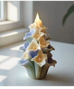 Detail van een meerlaagse bloemenboeketkaars met wit, blauw en groen kleurverloop