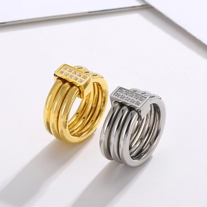 Three-band 18k gold plated stainless steel ring with rectangular CNC cubic zirconia accents