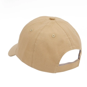 Detail view of khaki cotton twill kids baseball cap showing back stitching and texture