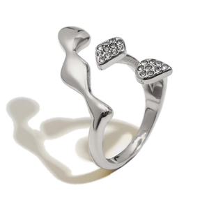 Elegant wavy silver open ring in stainless steel with sparkling pavé zircon accents