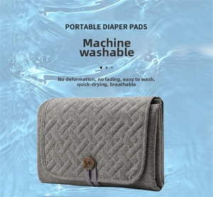 Close-up of portable quilted diaper pad with wooden button and soft waterproof texture