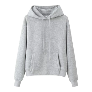 Detail view of grey long sleeve hoodie showing kangaroo pocket, drawstring and size S label