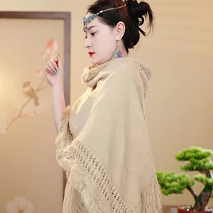 Châle en tricot à capuche de style ethnique avec franges pour voyage et photo