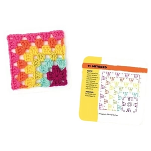 The Granny Square Card Deck showing a mitered crochet pattern and instruction card