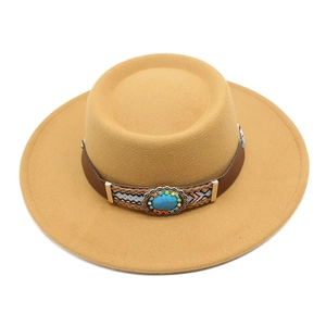 Elegant khaki wool fedora hat with ethnic turquoise band and wide flat brim for women
