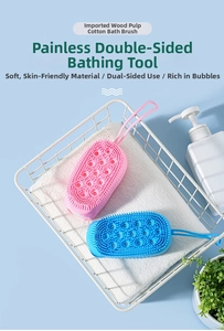 Dual-sided silicone bath brush with wood pulp sponge and soft exfoliating bristles