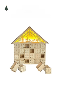 Detail view of wooden Christmas advent calendar with LED lights and 24 drawers