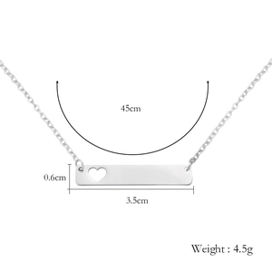Silver stainless steel bar necklace with hollow heart detail and size specifications