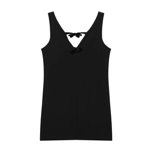 Robe courte sans manches en velours noir élégante avec décolleté en V et nœud