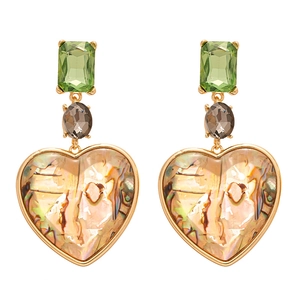 Orecchini a cuore vintage con cristallo verde e intarsio in madreperla