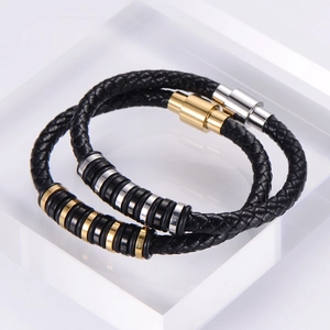 Men's braided leather bracelet with 18k gold magnetic clasp and metal rings set