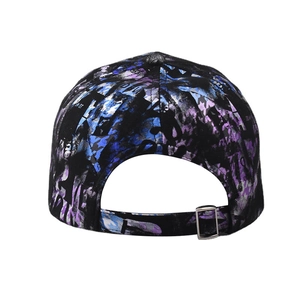 Detail of colorful graffiti tie-dye baseball cap with adjustable silver metal buckle