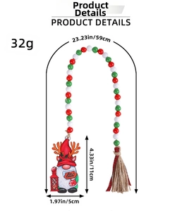 Detail of Christmas gnome wood bead garland with red green beads and rope tassel
