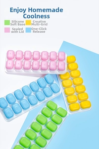 Close-up of 14-grid silicone ice cube trays with lids in pink, yellow, blue, and green colors