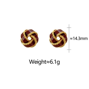 Detail showing 14.3mm vintage wine red knot earrings with gold trim and weight data
