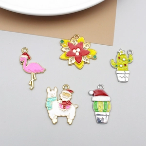Christmas enamel charms set featuring flamingo, cactus, and santa motifs for jewelry making