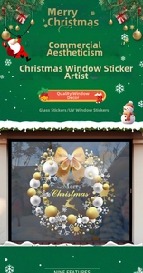 Detailed UV printed golden Christmas wreath window sticker with Merry Christmas text