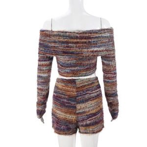Back view of a fuzzy striped two-piece set featuring off-shoulder top and shorts