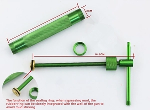 Exploded view of manual clay extruder with 13cm tube, sealing ring, and T-handle plunger