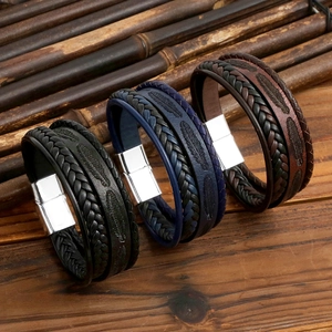 Men Leather Bracelet Multi Layer Braided Feather Embossed Alloy Magnetic Clasp Retro Punk Jewelry Hand Accessory