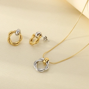 Elegant gold and silver intertwined link necklace and earring jewelry set for women