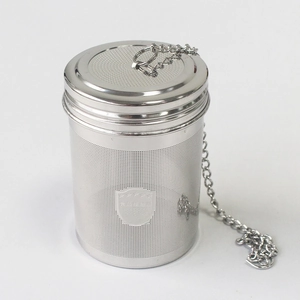Detailed macro view of 304 stainless steel tea infuser with fine mesh and hanging chain