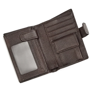 Detail of dark brown leather wallet showing card slots, ID window and coin pocket