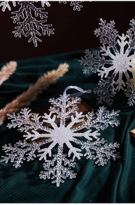 Macro shot of large clear acrylic snowflake ornaments on green textured fabric backdrop