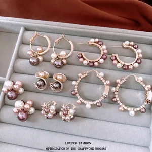 Artificial Pearl Hoop Stud Earrings With Silver Earring Post And Cubic Zirconia French Vintage Style Jewelry For Women