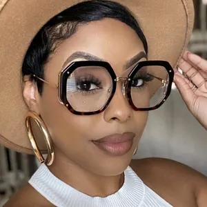 Modische sechseckige Oversize-Blaulichtfilter-Brille mit Gestell in Schildpatt-Optik
