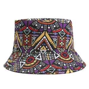 Ethnic geometric print bucket hat with bohemian multi-color patterns for sun protection