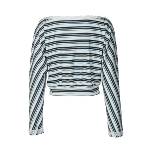 Detail of white lace trim on the collar and cuffs of a striped knitted long sleeve top