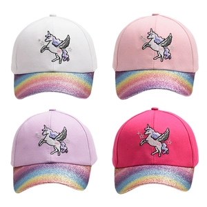 Glitter brim kids baseball caps featuring unicorn embroidery in four pastel colors