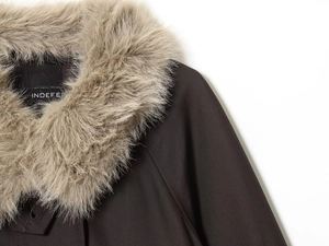 Detailed close-up of premium faux fur collar and waterproof parka fabric texture