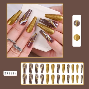 Detailed view of long coffin press-on nails with brown marble and gold glitter BKS874