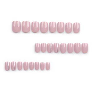 Short square light pink press-on nails with elegant silver glitter line accents