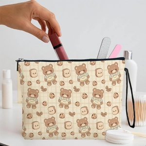 Cartoon bear makeup bag with checkered pattern for cosmetics and toiletry storage