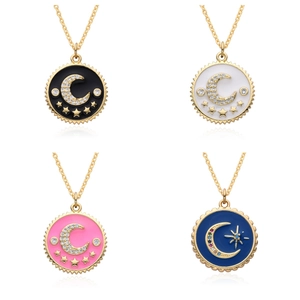 European Fashion Copper Enamel Moon Star Round Pendant Necklace Rhinestone Micro Inlaid Jewelry For Women
