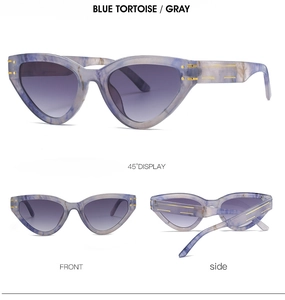 Detailed views of blue tortoise cat eye sunglasses with gray gradient lenses and gold trim