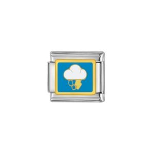 Silbernes Edelstahl Modularmband Glied mit gelbem Rahmen und blauem Wolken Blitz Motiv