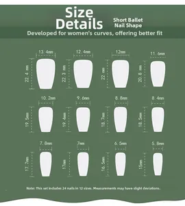Tableau des tailles pour 24 faux ongles ballerine courts avec 12 dimensions différentes