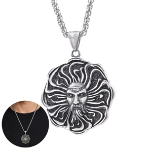 Sun God Relief Pendant Necklace Stainless Steel Retro Nordic Mythology Style Punk Jewelry For Men And Women Silver