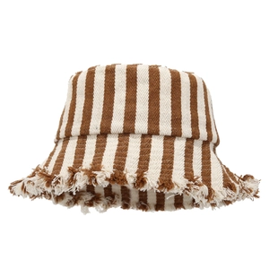 Brown and beige striped bucket hat with frayed edges for a trendy autumn look